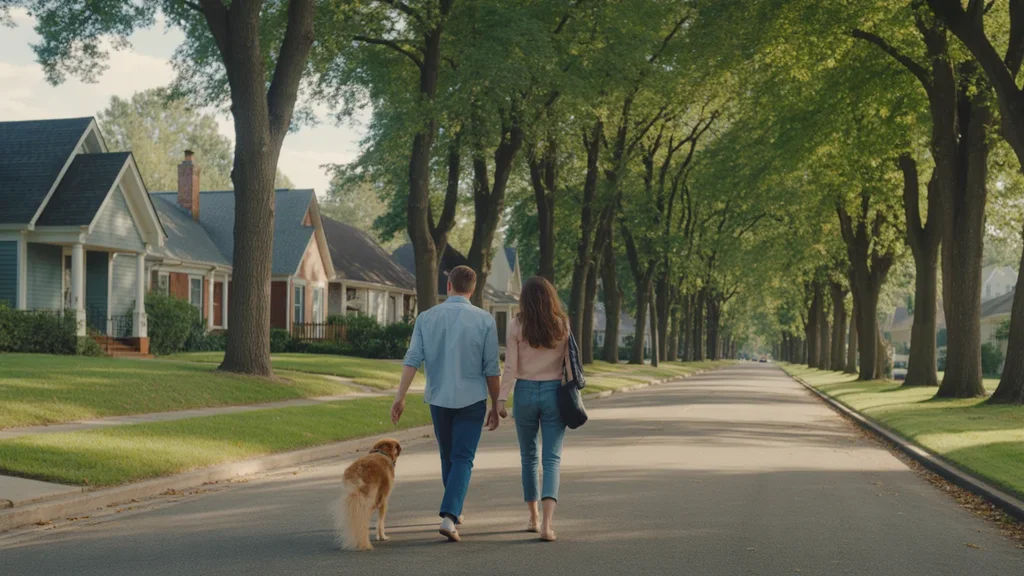 Couple walking dog on peaceful residential street in Madison, Tennessee