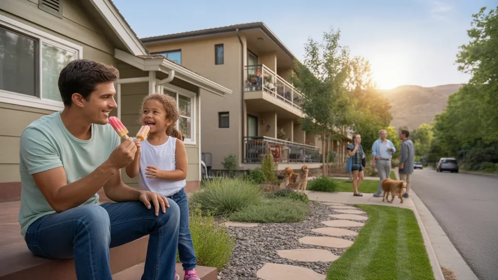 Father and daughter eating popsicles on front steps of house in Arvada neighborhood with apartments nearby