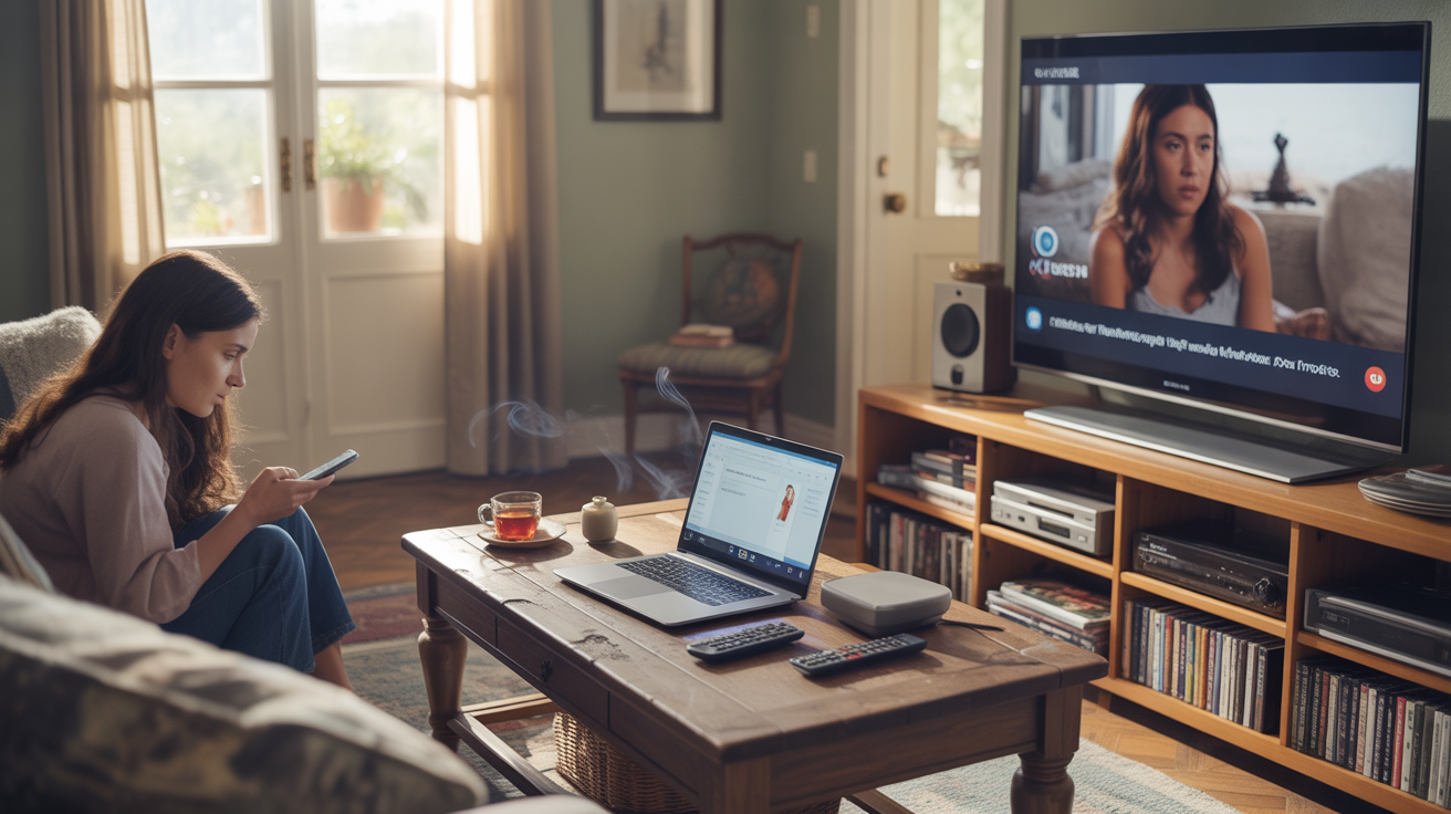 Woman streaming TV shows in a cozy Westminster living room