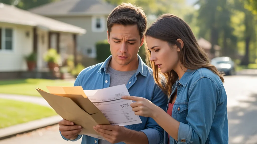 A young couple in Tigard, Oregon, reviews an unexpected bill while standing in their driveway.