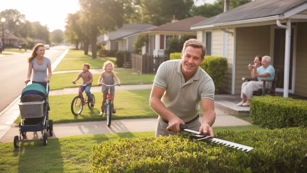 A man trimming a hedge in his front yard in a quiet Brandon neighborhood at sunset, as residents walk and bike nearby.