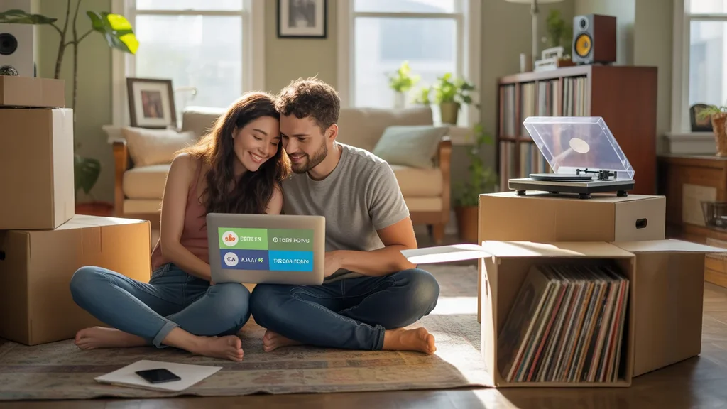 Couple reviewing streaming options while unpacking in new Madison home, with records and analog audio equipment