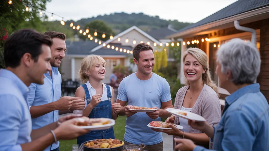 Clermont residents enjoying a backyard barbecue potluck under string lights at sunset