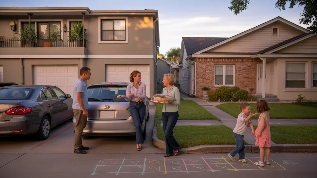 Neighbors chatting in driveway between townhome and single-family house in Orlando at sunset, children playing with chalk nearby