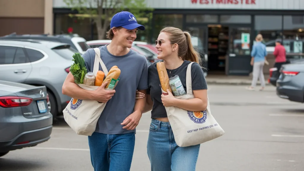 A young couple carries groceries out of a Westminster, Colorado supermarket on a sunny day.