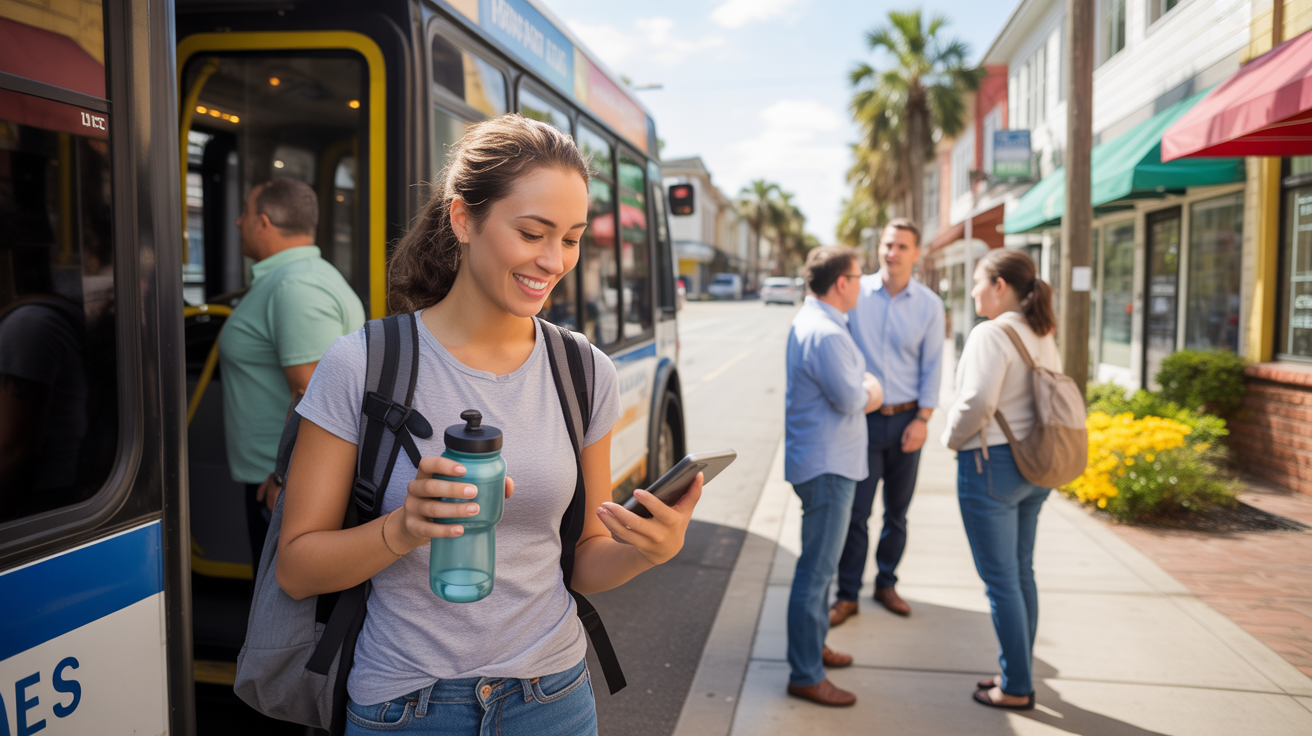 Woman exiting city bus onto sidewalk in Davenport, FL