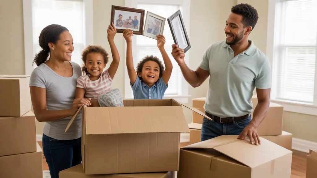 A family unpacks boxes while moving into their new home in Shively, Kentucky.