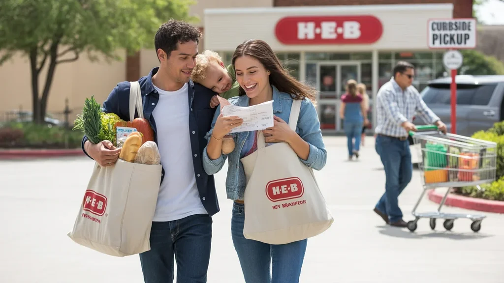 Couple with toddler leaving H-E-B grocery store in New Braunfels, TX with shopping bags