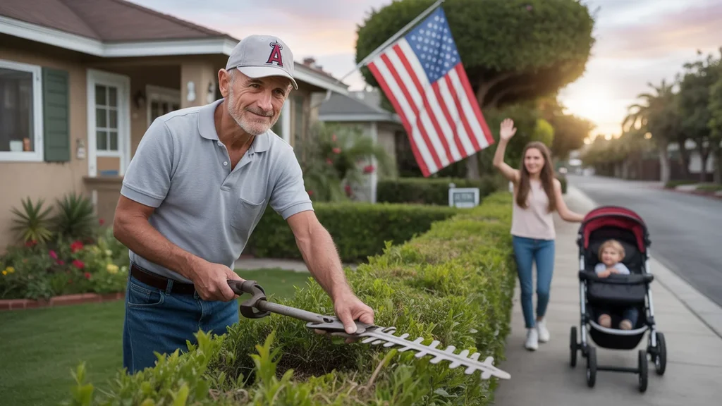 Man trimming hedges in front of Anaheim home at sunset