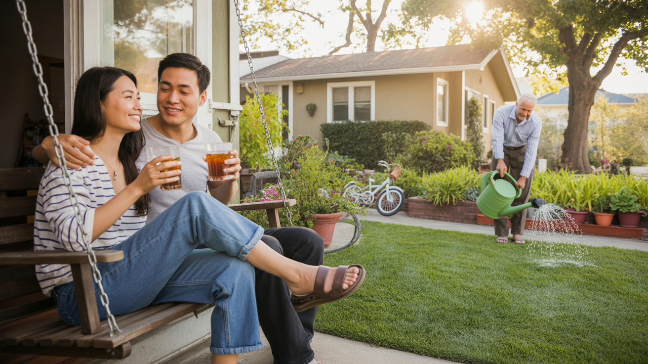 Young couple relaxing on front porch swing in Westminster, California at sunset