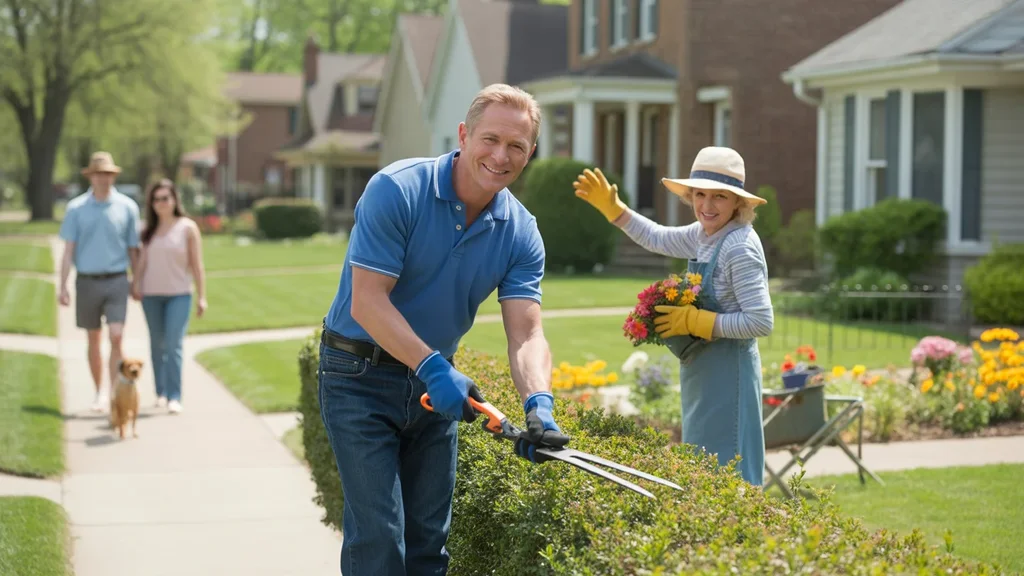 Neighbors tending their yards and greeting each other on a sunny day in a Louisville suburb