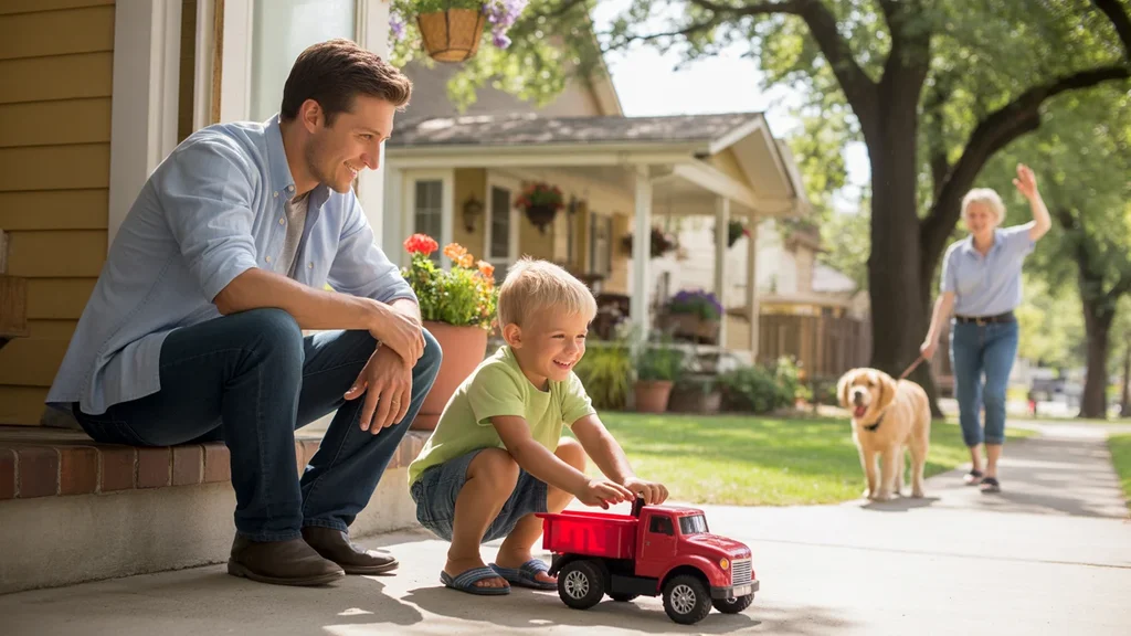 Father and son playing with toy truck on front porch of Craftsman home in Edmond, Oklahoma on sunny day