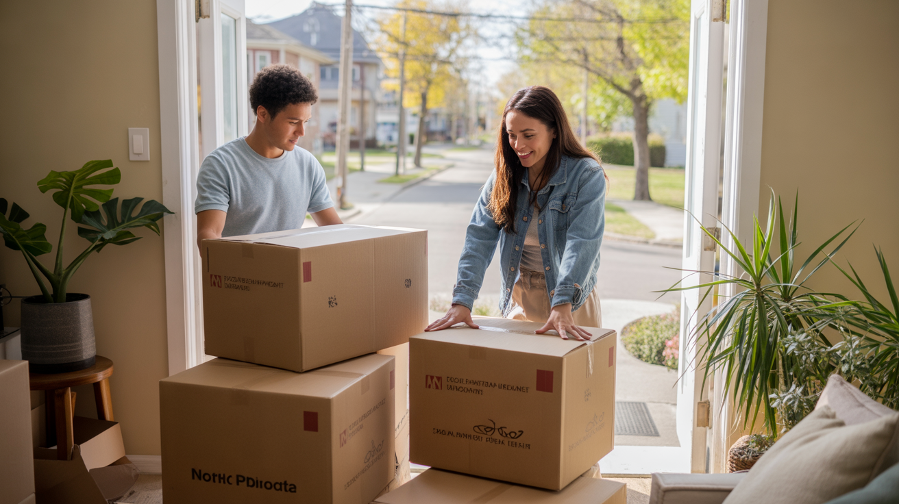 A couple unpacks in their new Northglenn apartment living room