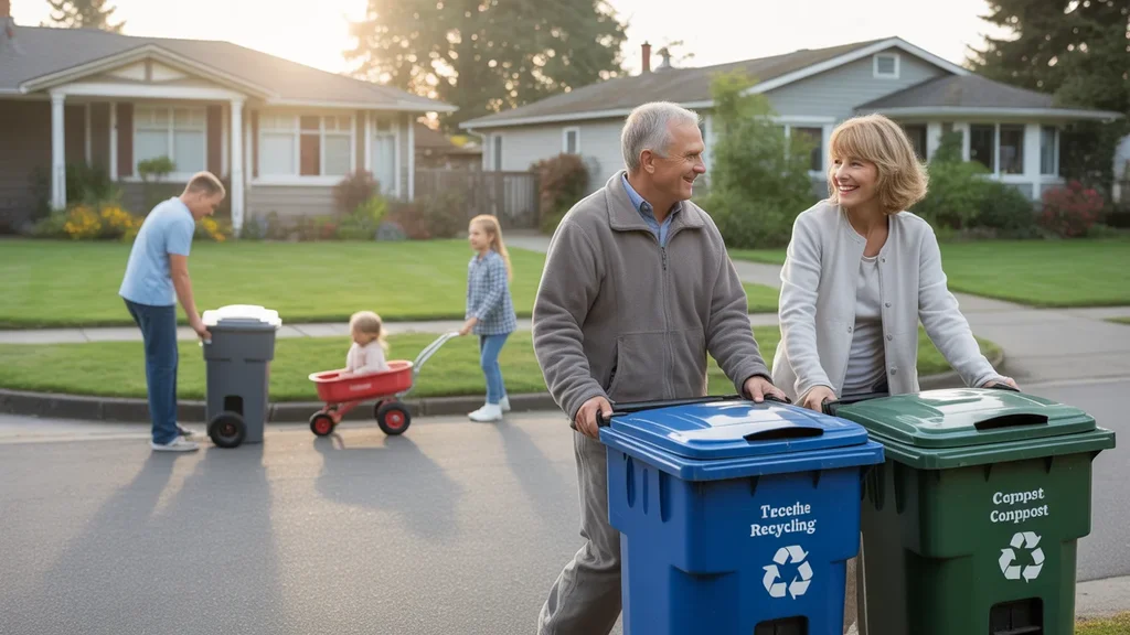 Neighbors in Beaverton, Oregon rolling trash and recycling bins to curb on collection day