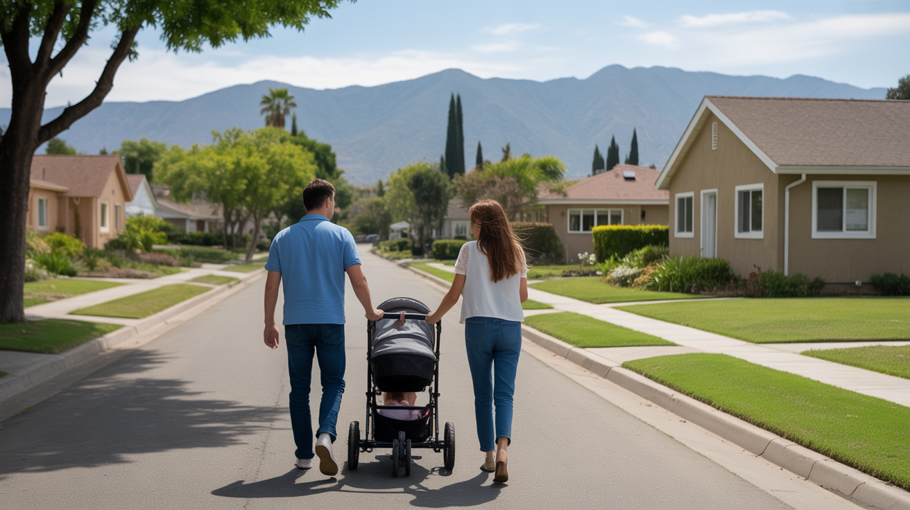 A couple walks with a stroller down a quiet, sunny street in Garden Grove, CA.