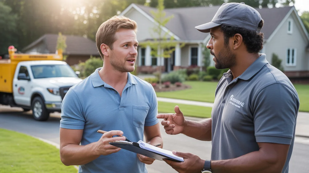 Homeowner discussing landscaping plans and costs with professional in front yard of Smyrna home