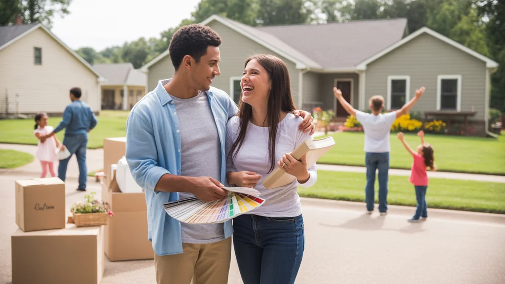 A couple laughs while looking at paint swatches outside their new home in Mt Juliet, TN