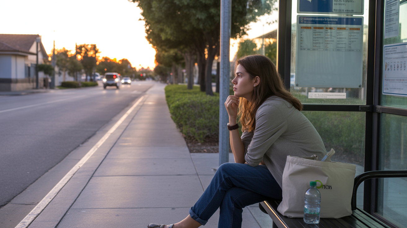 A young woman waiting alone at a bus stop in Costa Mesa, CA at dusk