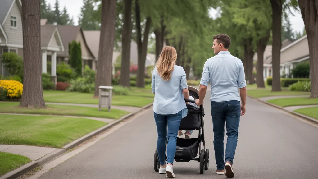 A couple walks with a stroller down a pleasant residential street in Tualatin, Oregon