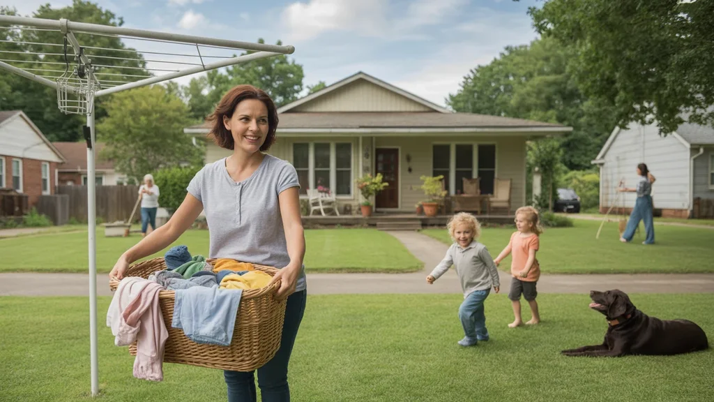A woman brings in laundry while her children play in the backyard of their Hermitage, TN home