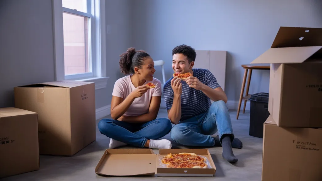 A couple eating pizza on the floor of their new apartment in Rock Hill, SC surrounded by moving boxes
