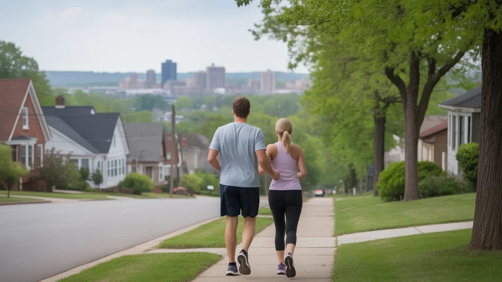 A couple jogging through a residential neighborhood in Jeffersontown, Kentucky on a clear morning.
