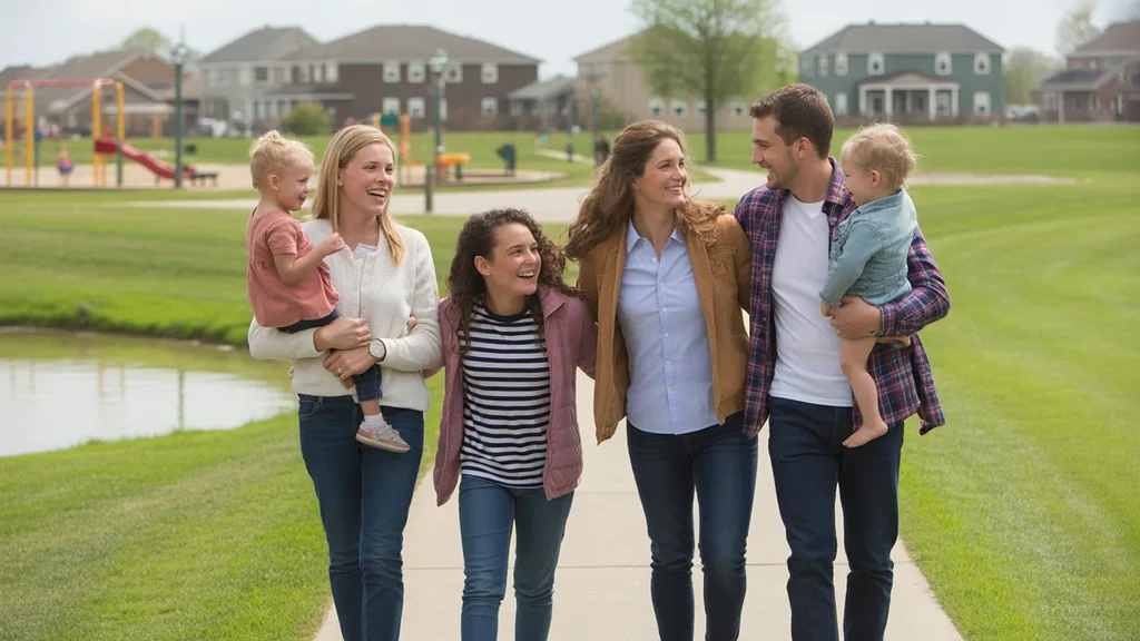Friends walking and talking together in a neighborhood park in Nicholasville, Kentucky.