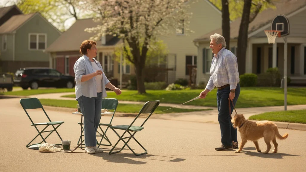 Two neighbors chatting in a driveway in Versailles, Kentucky on a sunny spring day, setting up for a small gathering.