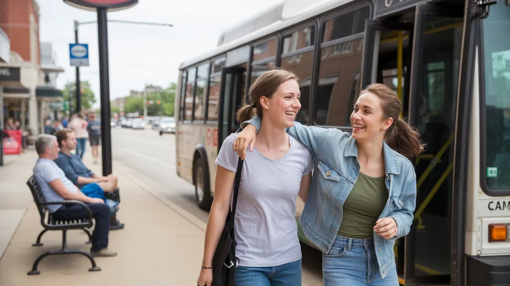 Two young women friends laughing while walking to the CART bus in downtown Norman, Oklahoma