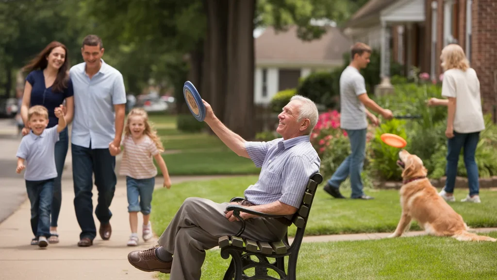 An elderly man sits on a bench smiling at a young family walking by on a sunny neighborhood street in Huntersville, NC.