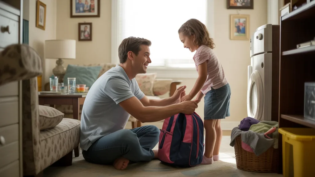 Father helping daughter pack backpack for school in living room