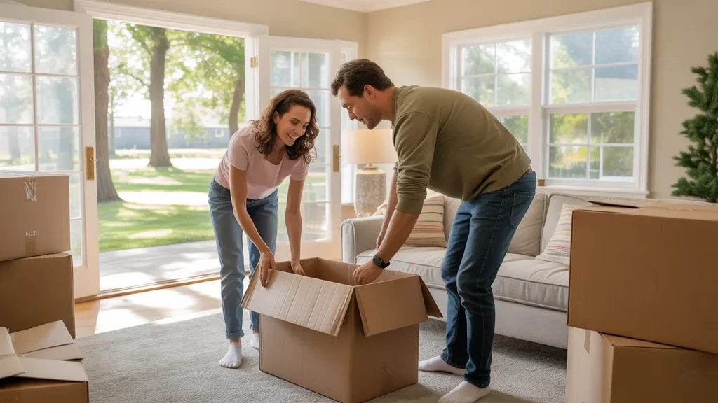 A couple unpacks in their new Brentwood home with a spacious backyard visible through the windows.