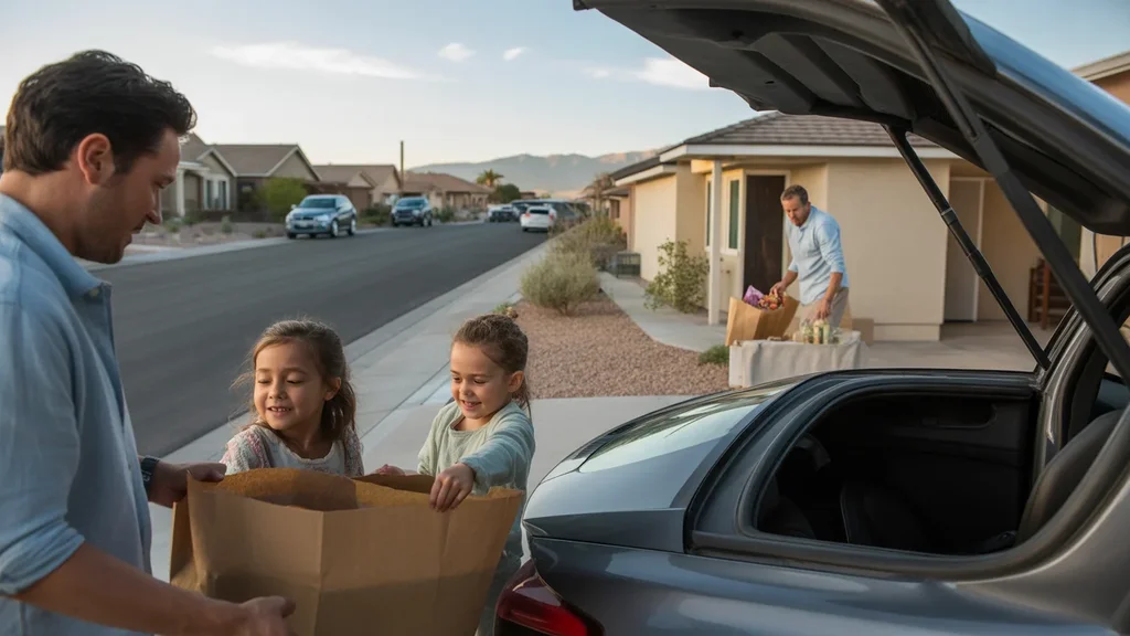 A family unloading groceries in the driveway of their North Las Vegas home