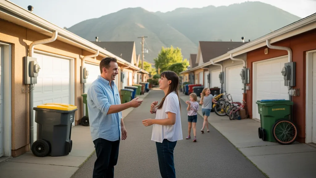 Neighbors talking near electric meters in alley behind suburban homes in West Valley City Utah at sunset