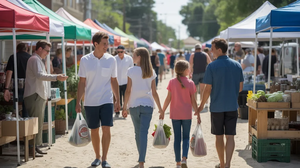 Family shopping at busy outdoor farmer's market in Sandy, Utah