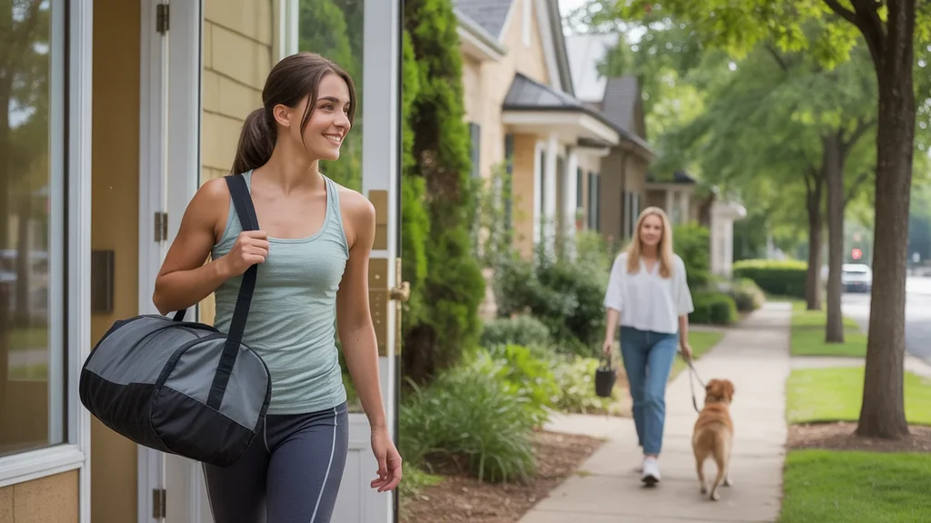 Woman carrying gym bag enters apartment building in Versailles, KY