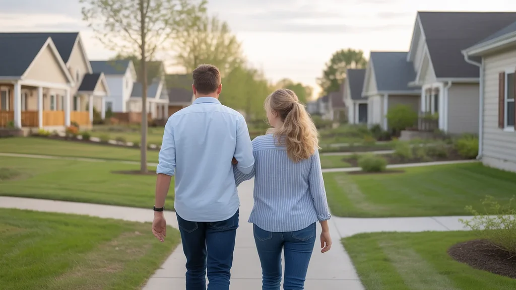 Couple walking through Louisville neighborhood at sunset
