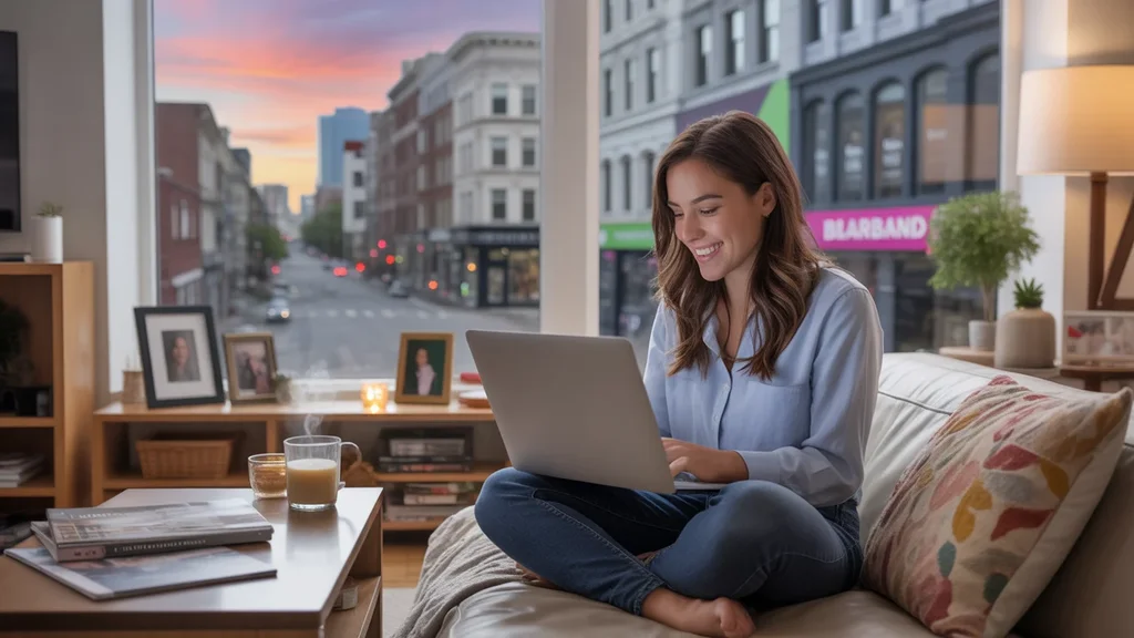 Woman using laptop in cozy Nashville apartment at sunset, with broadband ad visible through window