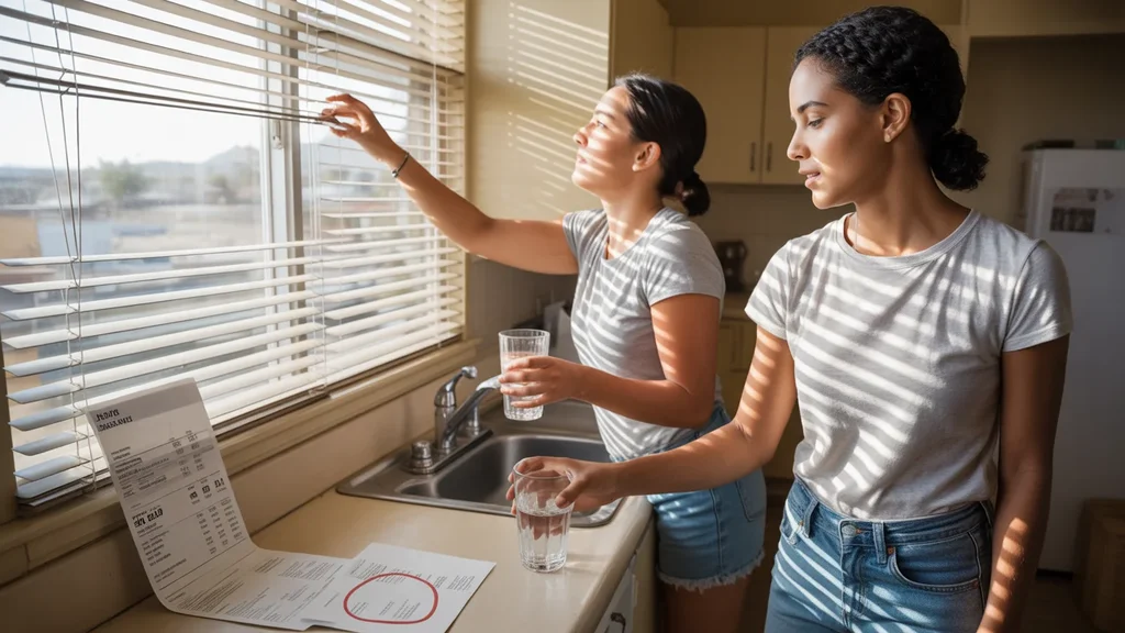 Two roommates adjusting blinds and reviewing an electric bill in their Spring Valley apartment on a hot summer afternoon