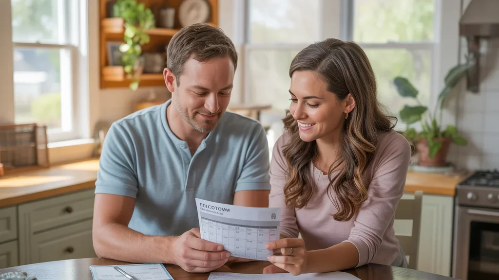 Couple reviewing affordable monthly budget in their new Georgetown, TX home