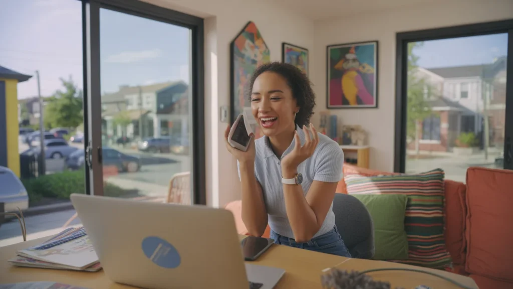 Young professional in Pflugerville apartment video chats with friends about life in the city