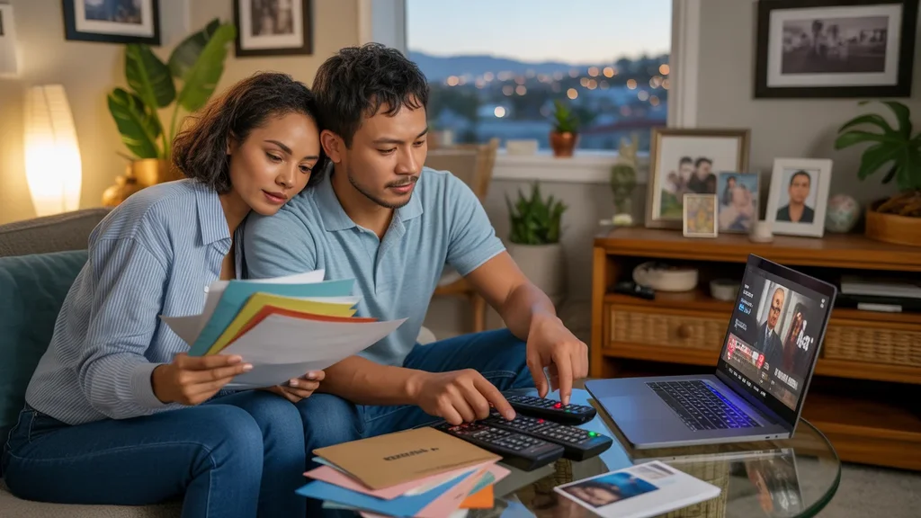 Couple reviewing streaming bills and options in their Anaheim apartment