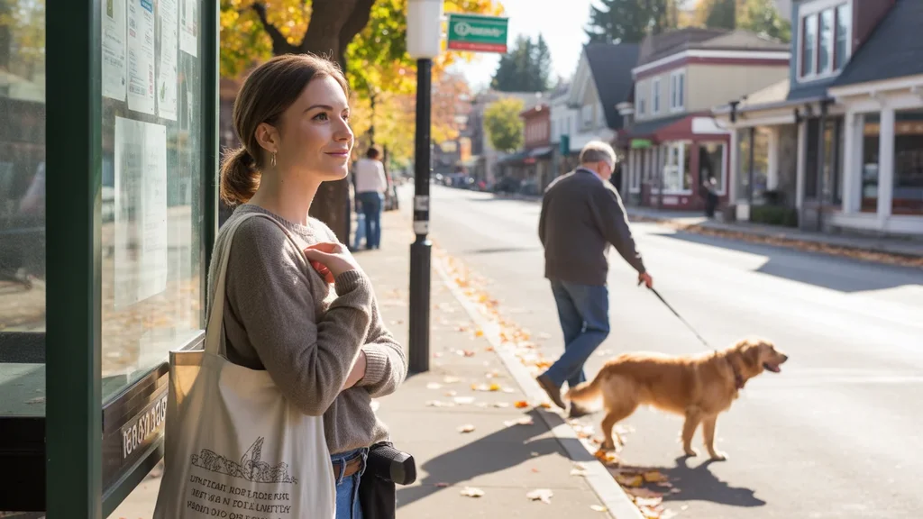 Young woman waiting for the bus on a fall morning in Tualatin, Oregon
