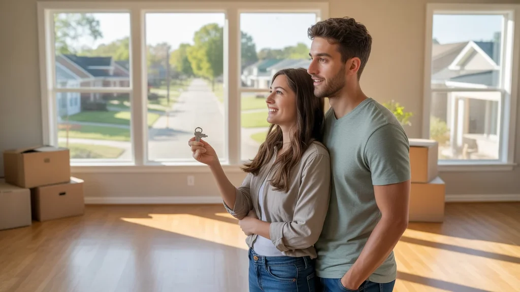 Young couple standing in empty living room of new home in Edmond, Oklahoma