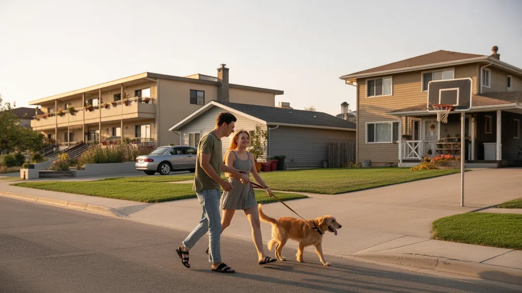 A couple walks their dog at sunset on a residential street in Taylorsville, Utah lined with a mix of houses and low-rise apartments