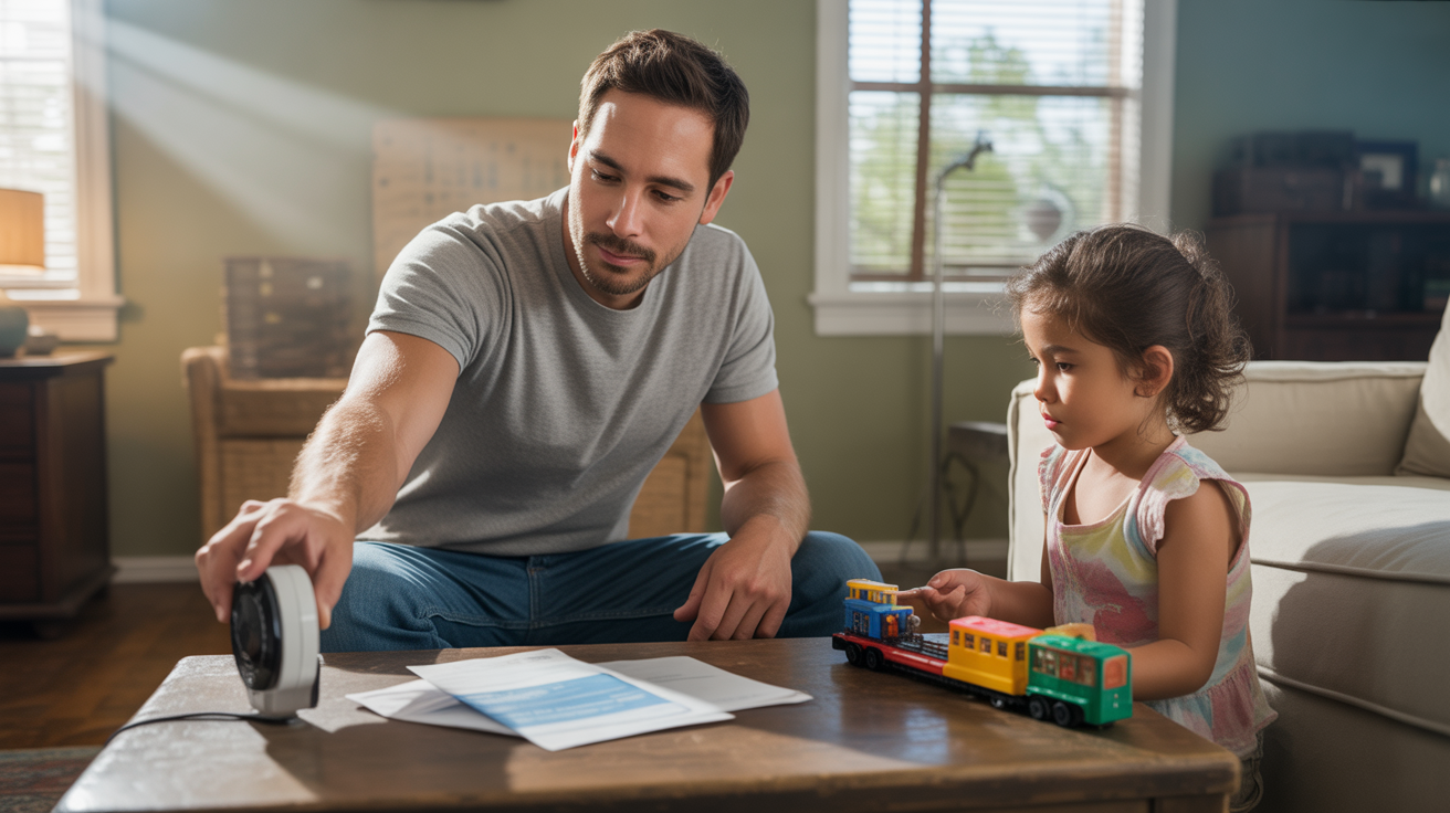 Father adjusting smart thermostat in living room while daughter plays with toy train nearby