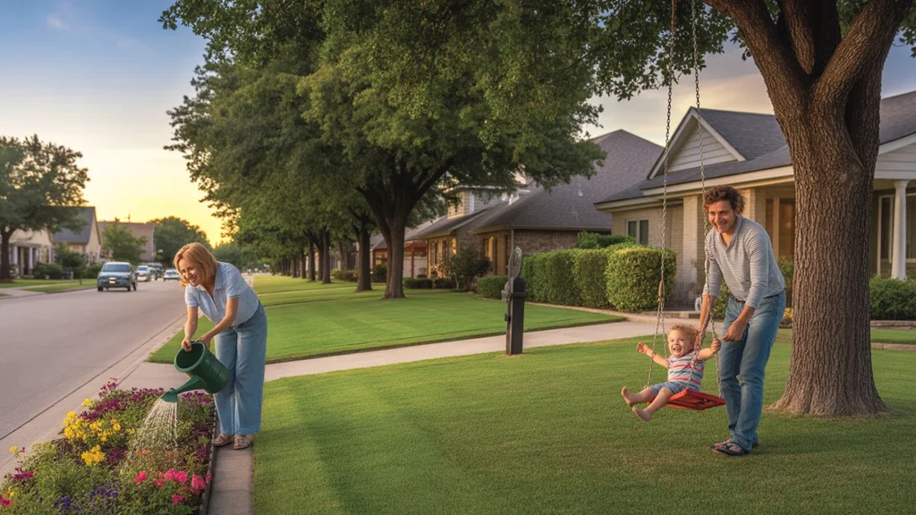 Woman watering flowers in front yard of suburban home in Mckinney, Texas at sunset, with neighbors enjoying family time nearby.