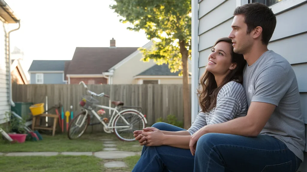 Young couple sitting on back steps of suburban home at sunset