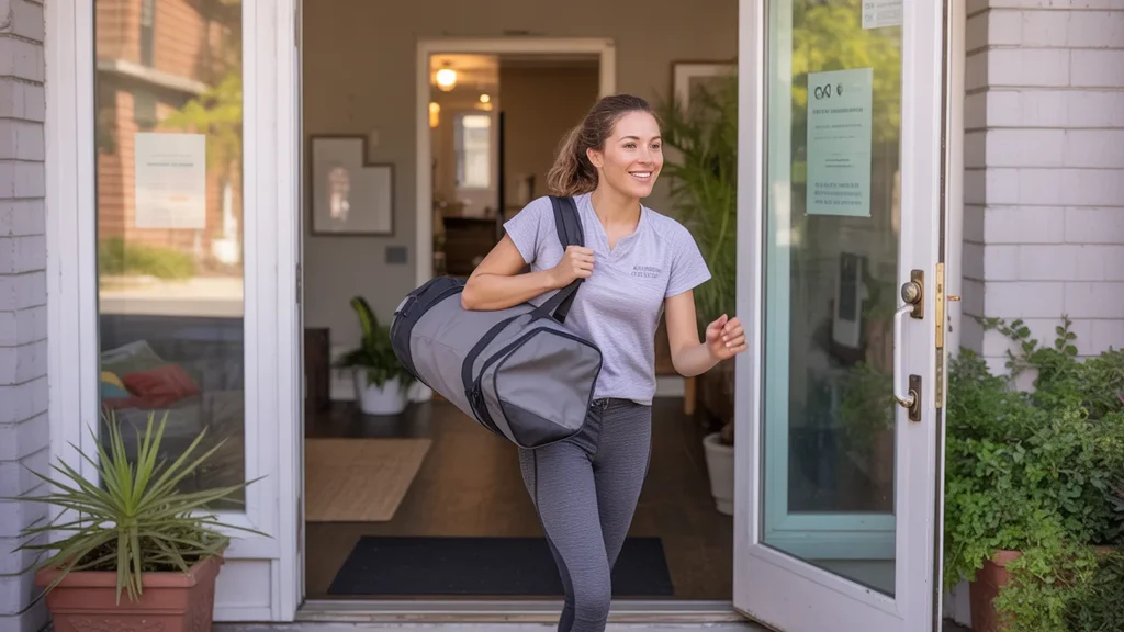Young woman carrying gym bag enters apartment building in Rock Hill, SC