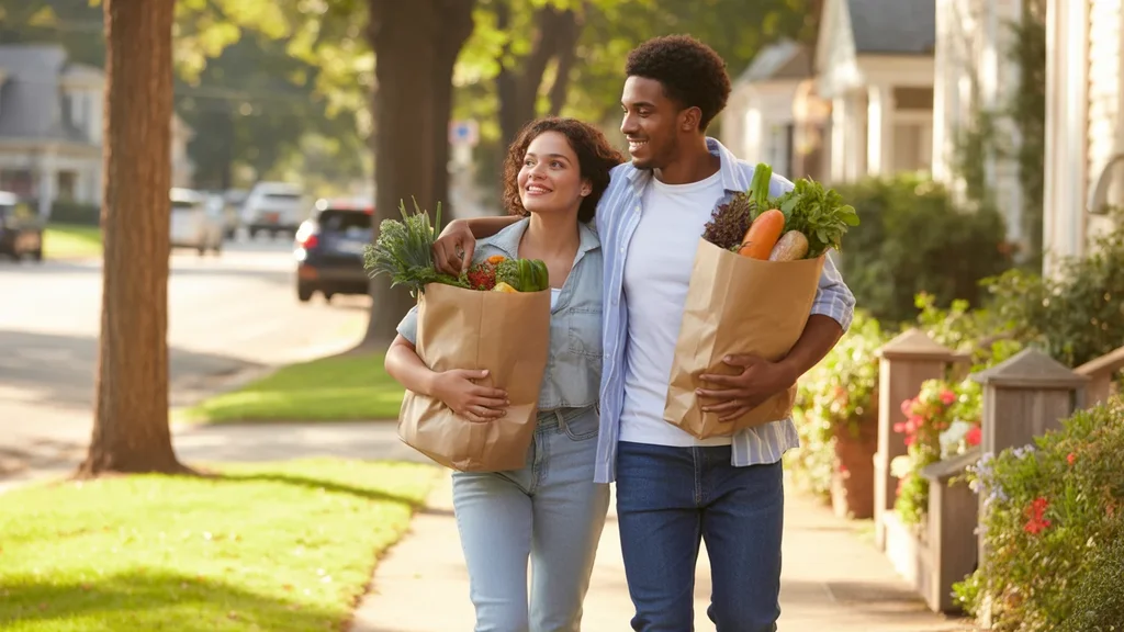 Couple carrying groceries home in bags down a sidewalk in Charlotte, NC